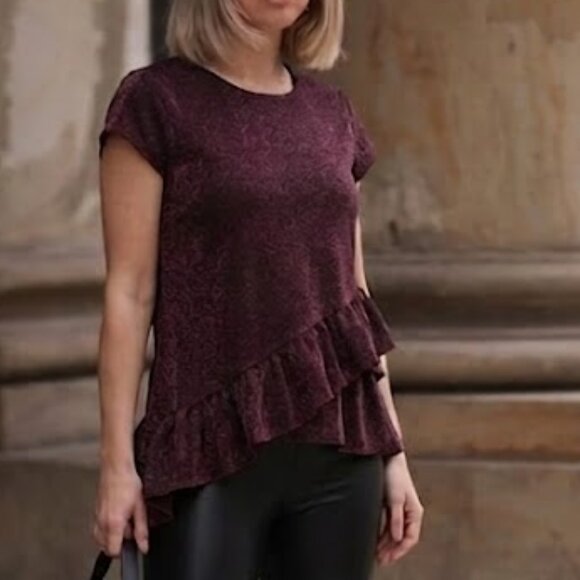 Parallel Tops - 💥🚀💥Parallel Metallic Shimmer Blouse Size S Asymmetrical Ruffle Party Burgundy